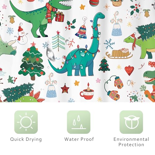 Image of Dinosaur Christmas Green Dino Cartoon Animals Bathroom Shower Curtain Set