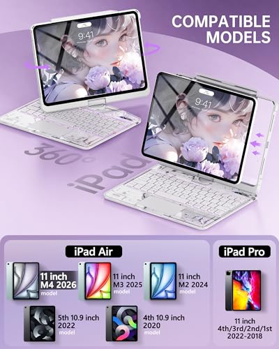 Image of Intermerge Transparent Case with Keyboard for iPad Air 11 inch(M4 / M3 / M2, 2026 /2025 / 2024), Air 5th /4th, Pro 11 inch 2022-2018, 360 Swivel Multi-Touch Trackpad, 7-Color Backlit, Pencil Holder, Frost Pulse