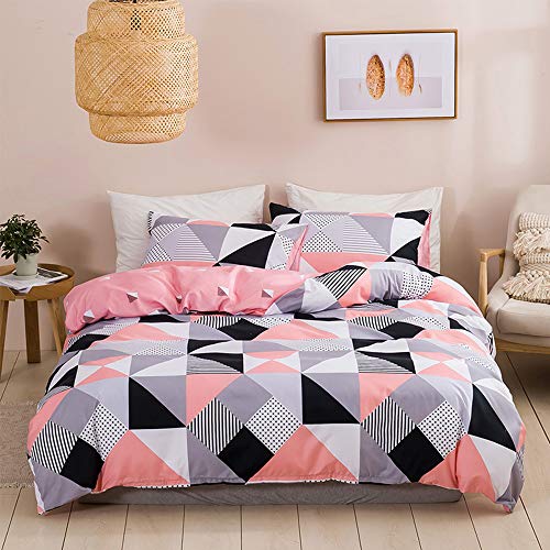 CCoutueChen Pink Geometric Duvet Cover Set Twin Micorfiber Colourful Triangle Grid Check Plaid for Kids Comforter Cover Soft Modern Bedding Set for Home Decoration
