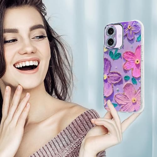 Image of Elzzi Compatible with iPhone 17 Case Oil Painting Flower Colorful with Lens Prtotection Shockproof PC+TPU Glossy Back Cover for Girls Women, Pink Purple