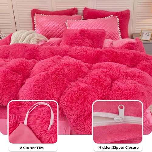 Image of LIFEREVO Luxury Plush Shaggy Duvet Cover Set, Soft Velvet Fluffy Duvet Cover Furry Bedding Comforter Set(1 Faux Fur Fuzzy Duvet Cover + 1 Pompoms Pillow Case), Zipper Closure(Twin /Twin XL, Hot Pink)