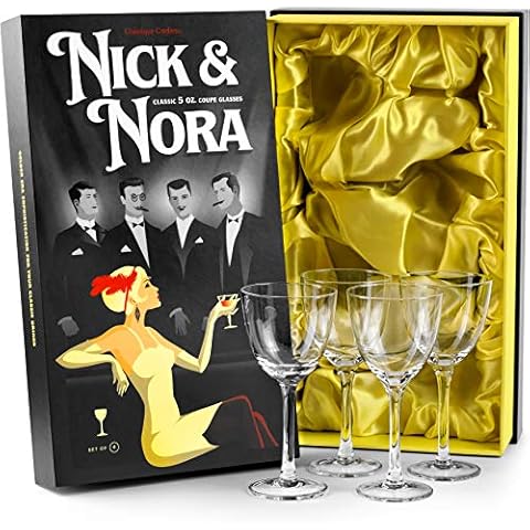 Crystal 5 oz Retro Nick and Nora Coupe Glasses | Set of 4 | Vintage Bar Glassware for Martini, Manhattan, Cosmopolitan, Classic 4 oz Cocktail Drinks | Small Drinking Coups with Long Stems Cover