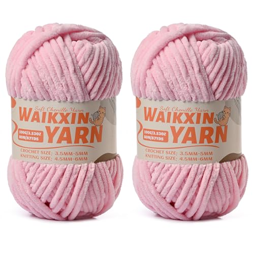 Image of (2 Pink) 2 Pack Super Soft Fuzzy Chenille Chunky Yarn for Crocheting, 200g (175yds) Fluffy Velvet Yarn for Hand Knitting Baby Blankets Weaving Craft