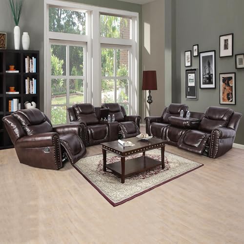 SIENWIEY Manual Leather Recliner Sofa Set for Living Room,Luxurious Chesterfield Reclining Couch Set,Vintage Brown Leather Couch Set with Hidden Table/Cup Holders(Brown,Sofa+Loveseat+Chair)