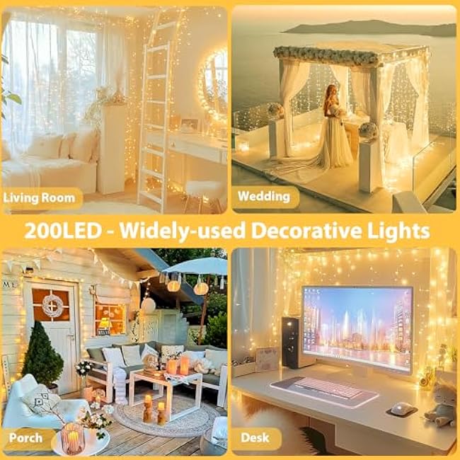 Connectable 200 LED String Lights Indoor Outdoor, 66FT Warm White Christmas Lights Waterproof, 8 Modes with Timer, Twinkle Fairy Lights Plug in Clear Wire for Christmas Tree, Bedroom, Classroom Decor