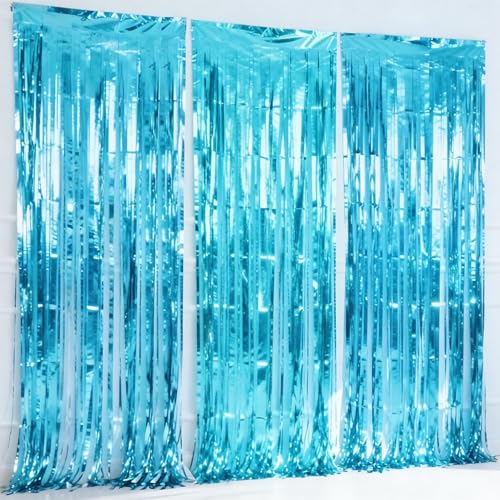 Parxara 3-Pack Light Blue Foil Fringe Curtain,Party Decoration Streamer