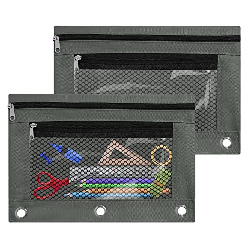 Antner Estojo para fichário para fichário com 3 anéis, 2 unidades, 3 argolas para lápis, estojo de lápis com zíper duplo, bolsa cosmética, cinza