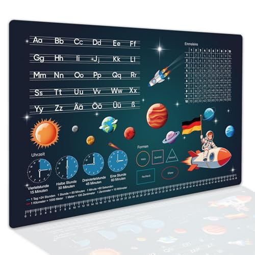 BRICH Vade de escritorio para niños – Espacio Espacial Niños – Alfombrilla de aprendizaje con ABC 1x1 y horas – Alfombrilla de escritorio para niños lavable – Tamaño 60 x 40 cm – Vinilo lavable