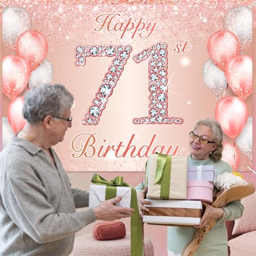 Image of Happy 71st Birthday Rose Gold Banner Cheers to 71 Years Old Backdrop Confetti Balloons Theme Decor for Women 71 Years Old Pink Birthday Party Decorations Bday Supplies Background Favors Gift Glitter