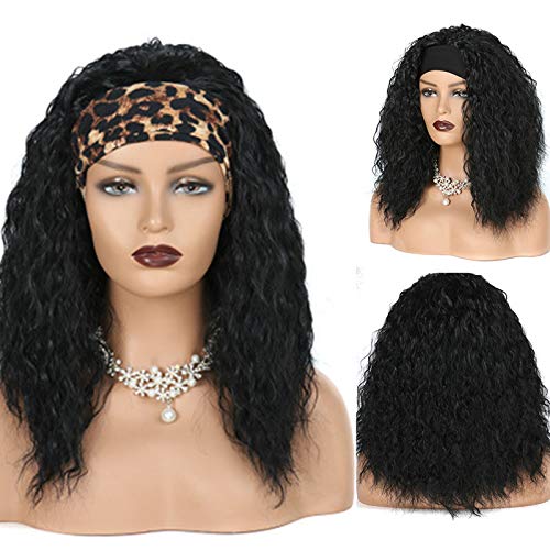 Jevon Kinky Curly Wigs for Black Women with Headband Wigs Black Wigs Synthetic Hair Water Wave Afro Wigs Glueless None Lace Front Wigs 20 inches - Black