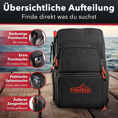 Paradox Fishing Angelrucksack mit Boxen I inkl. 4 Boxen I Angeltasche mit Boxen Angelkoffer