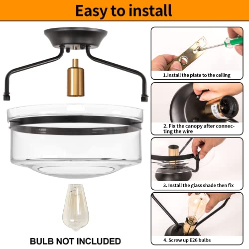 Ledsyonda Semi Flush Mount Ceiling Light, Farmhouse Ceiling Light Fixture E26 Base, Industrial Flush Mount Light Fixture For Hallway Porch Kitchen, Clear Glass Black And Gold Finish #TOP4