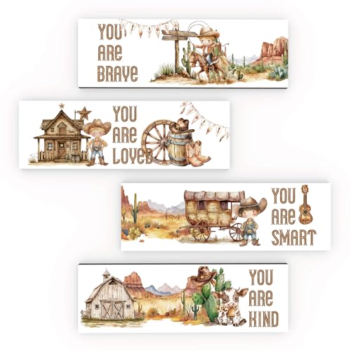 Image of THAOSE Western Cowboy Nursery Decor Decorations Inspirational Motivational Affirmations Positive Quote Wooden Plaques Wall Art Decor for Kids Toddler Boys Girls Room Bathroom Classroom Playroom Decor