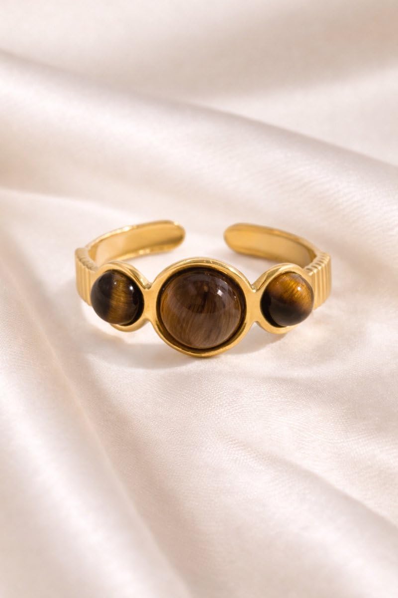 Ring Damen Gold Tigerauge – Statement Edelstein Ring my Style verstellbar – 18K Vergoldet 316L Edelstahl Hypoallergen Wasserfest – Skandinavisches jewellery – Geschenk Frauen Liebe