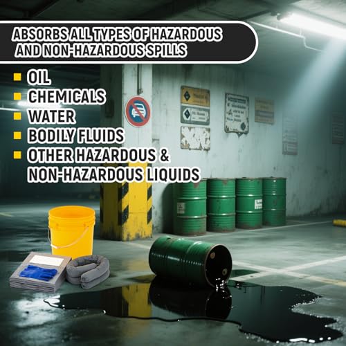 Image of DoubleFill 41 Pcs Universal Spill Kit Portable Complete 9-Gallon Spill Kit, Absorbs Oils Water and More, Yellow Bucket, 30 Absorbent Pads, 4 Pcs 3 inch x 4' Sorbent Socks, 5 Disposal Bags, PVC Gloves