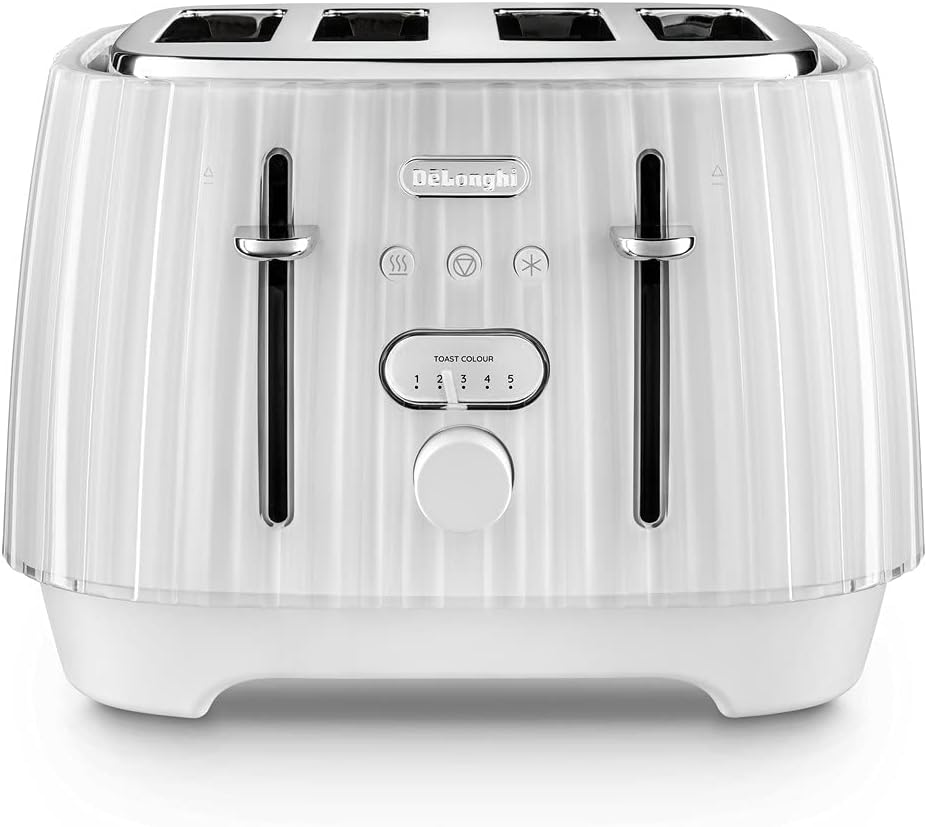 De'Longhi Ballerina Toaster, 4 Slot Toaster, Reheat, 5 Browning Settings, Defrost and Cancel Functions, Pull Crumb Tray, CTD4003.W, 1800W, UK PLUG, White