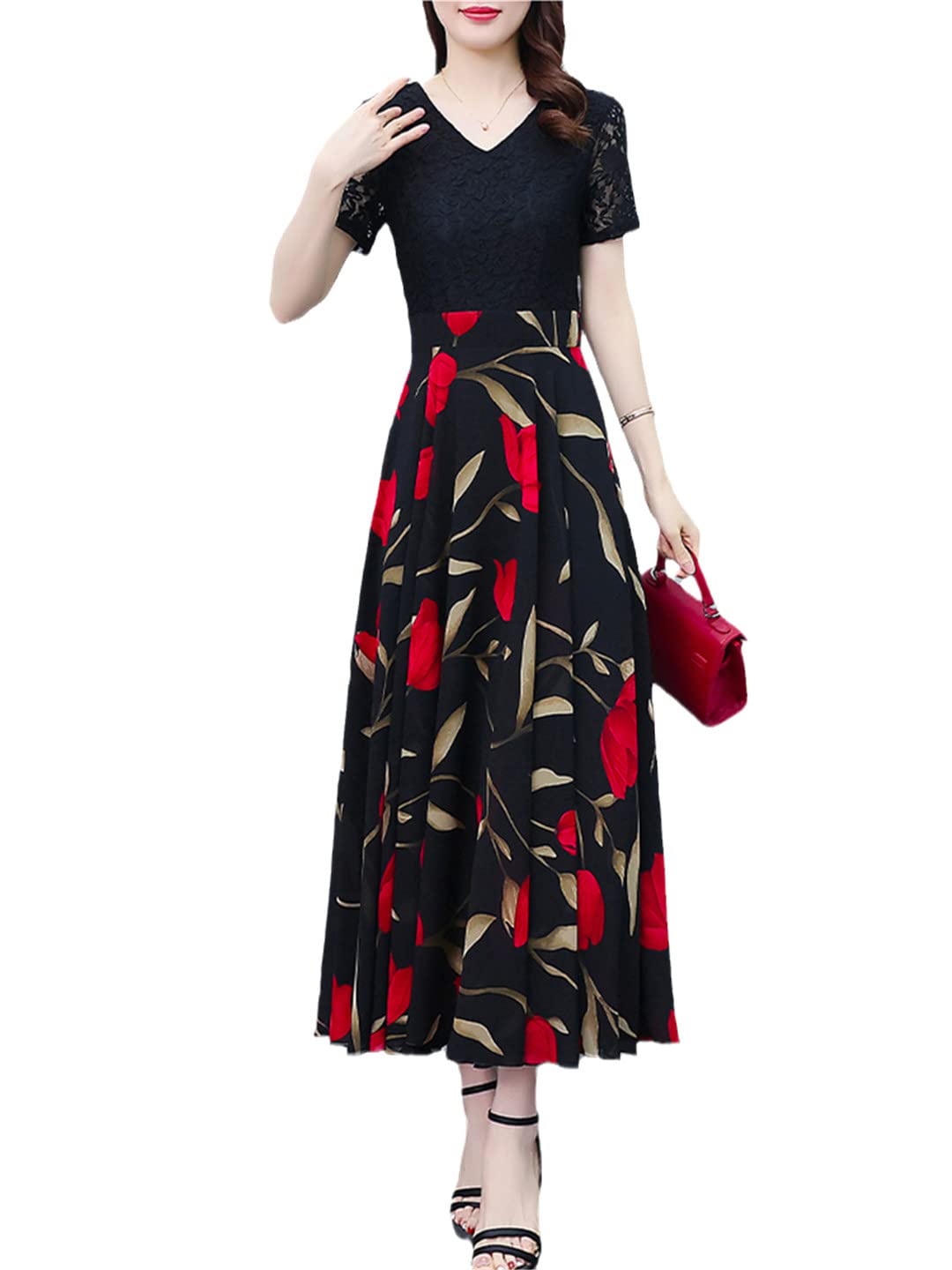 Abito estivo midi da donna, in chiffon, in pizzo, floreale, elegante, lungo, alla moda, per ufficio e feste formali