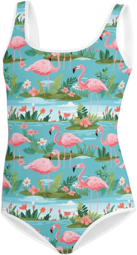 Pink Flamingo Girls Swimsuits (8-20), Tropical Cute Kids Jr Junior Tween Teen Teenage One Piece Bathing Suit Young Swimwear