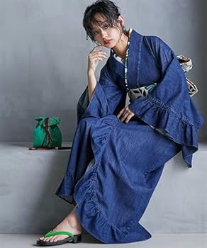 本日値下げ激レア高見え❣️綿100％デニム浴衣(花柄半襟付き) GEVS.＋帯付き 激レア高見え❣️綿100％デニム浴衣(花柄半襟付き) GEVS.＋帯