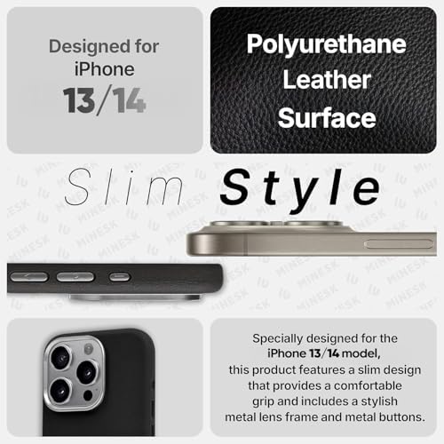 Minesk iPhone 13 ve 14 için MagSafe ile Uyumlu Çizilmeyen ve Parmak İzi Tutmayan Deri Kaplama Metal Tuşlu ve Metal Lens Çerçeveli Hybrid Suni Deri Kılıf (Siyah, 13-14) - Görsel 3