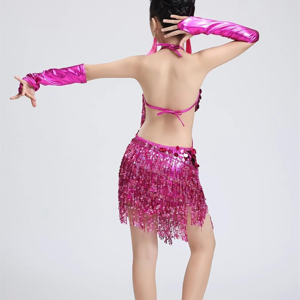 Filles Paillettes en Boucle Pampilles Robe de Danse Latine Enfants Salsa Samba Rumba Tango Jazz Carnaval Spectacle Costume de Compétition (Tailles Plus Petites)