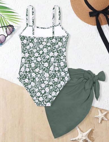Image of Girls Swimsuit Adjustable Straps Cut Out One Piece Bathing Suit with Solid Color Cover Up Skirt Girls' Swimwear 5-16Y