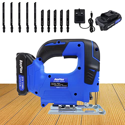 Akku-Stichsäge, 21 V, elektrisch, mit zusätzlichen 2,0-A-Akkus und Ladegerät, 10 Klingen, 2600 SPM, einstellbare Geschwindigkeit, 26 mm Hublänge, für die Holzbearbeitung Cover