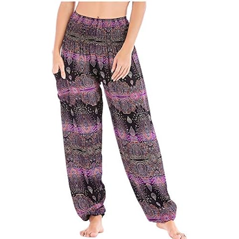 Fansu Women's Bohemian Pants, Thai Floral Baggy Harem Pants Yoga Printed Hippy Smocked Waist Hippie Trousers for Pilates (one size,Purple water droplets) Cover