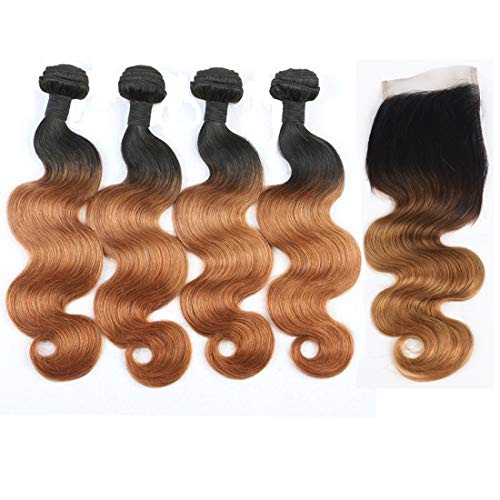 IMAYLI Ombre Brazilian Hair Body Wave 4 Bundles with Closure Grade 8A Two Tone Ombre Human Hair Body Wave with Lace Closure(T1B/30,14141414+12)