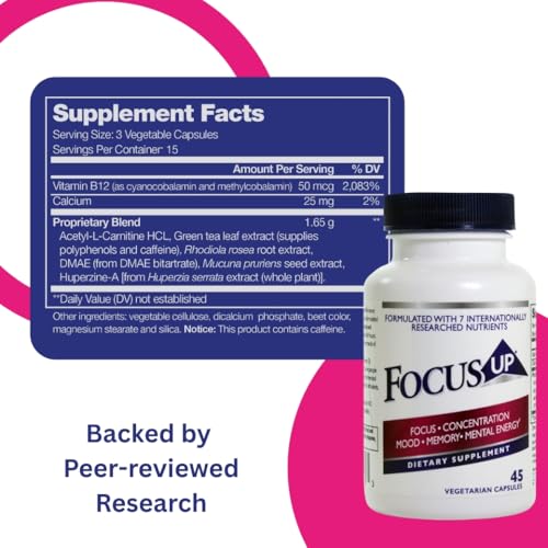 FocusUP Brain & Energy Support Supplement – Natural Nootropic Capsules with Acetyl L-Carnitine, Rhodiola, DMAE & Huperzine-A | Supports Focus, Memory, Mood & Mental Clarity | 45 Sugar-Free Capsules - Image 3