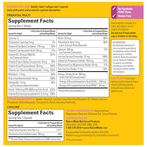 image for Nature Made Prenatal Vitamin Softgels + Choline Capsules, Folic Acid +