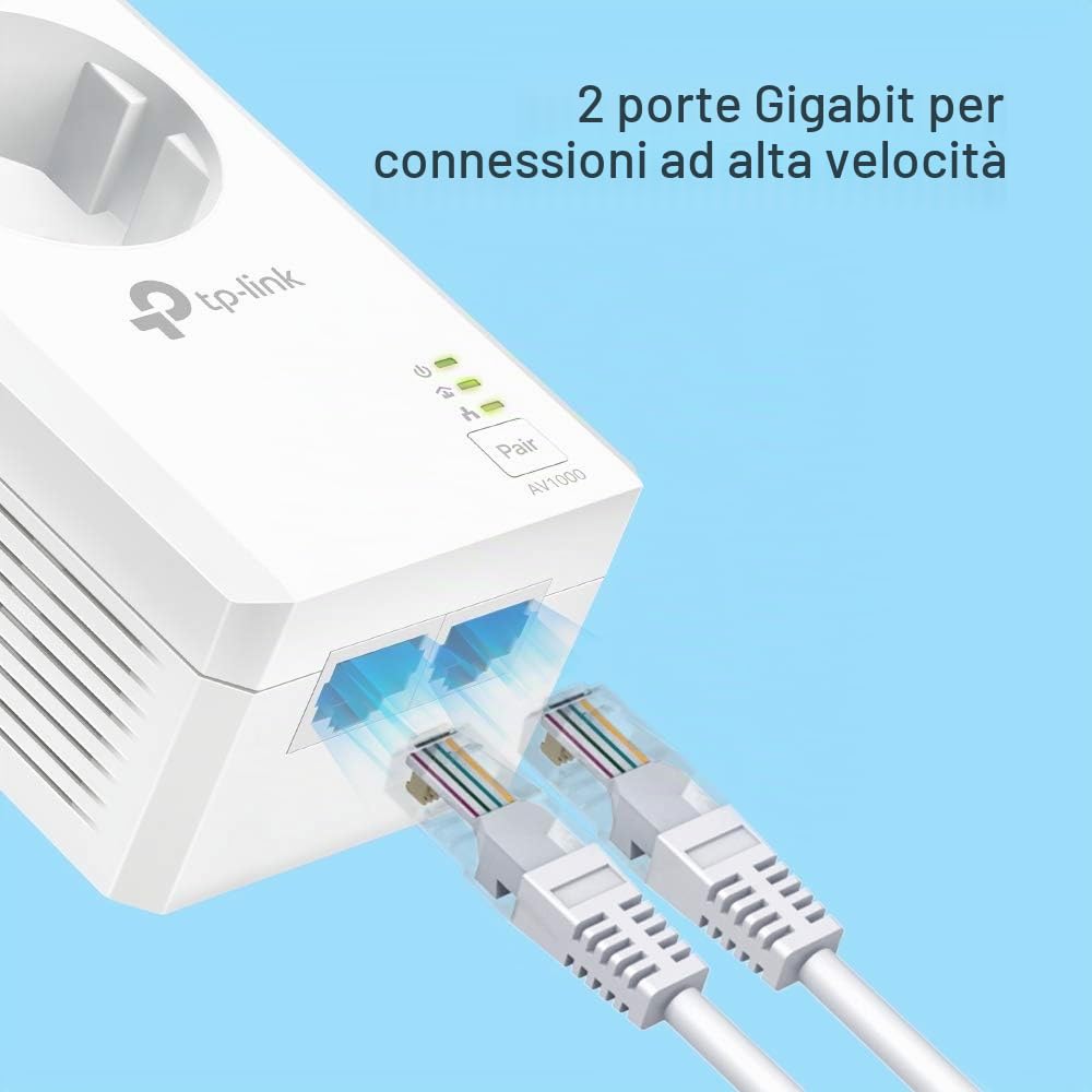 Set adattatori Powerline TP-Link TL-PA7027P KIT (con presa, 2 porte Gigabit, Plug&Play, compatibile con tutti gli adattatori Powerline HomePlug AV/AV2, senza WLAN)