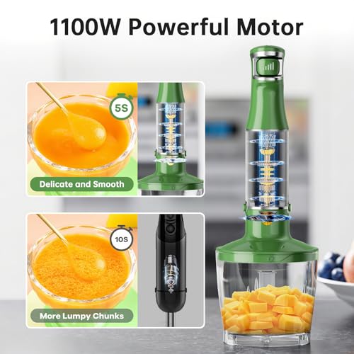 Image of Turelar Immersion Blender Handheld Corded Hand Blenders Set 1100W, Trigger Variable Speed 5 in 1 Stick Emulsifier with Chopper, Whisk and Frother for Soup, Baby Food and Smoothies, Green