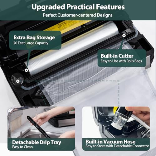 90Kpa Powerful Vacuum Sealer, with 10-in-1 Functions,Double Seal & Double Pump,Built-in Cutter&Hose,Handle-Ease Design, Vacuum Sealer Machine for Food with Bags Storage, Stainless Steel