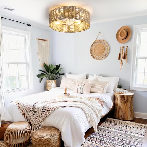 Fandelier Ceiling Fan with Light, 20 Inch Rattan Fans 。Remote Control ，Boho Caged，Handwoven，Flush Mount Low Profile 6 Speeds for Bedroom, Living Room,Dining Room.Yoga Room by Jughtbo - Image 2