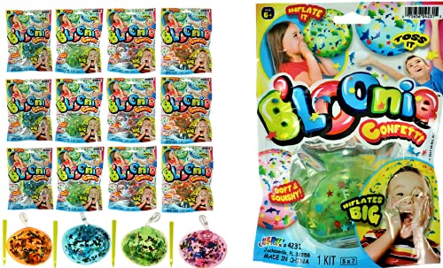 JA-RU Bloonies Inflatable Balls Soft Stretchy Squishy with Confetti Inside (12 Unit Assorted) Great Original Blowing Bubble Ball Making Toy Party Favors Pinata Filler. Plus 1 Bouncy Ball 4231-12p
