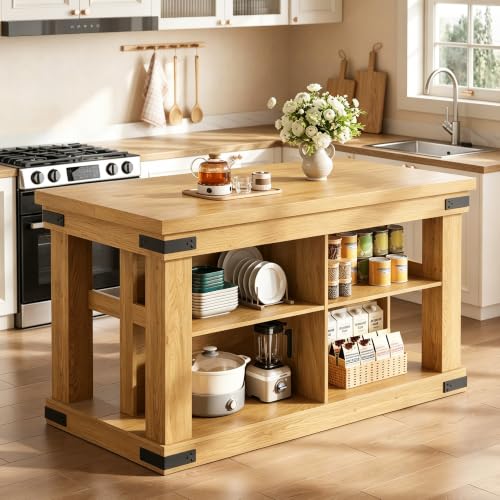 Viviwood 55" Kitchen Island with Storage and Seating, Farmhouse Wood Stationary Island Table, 4 Open Storage Cubbies, Large Countertop, for Dining Room, Home Bar, Oak