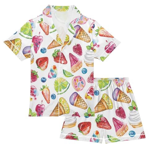 ALAZA Sweet Blueberry Ice Cream Satin Pajamas Set Short Sleeve Button Down Sleepwear Summer Pjs 2 Piece