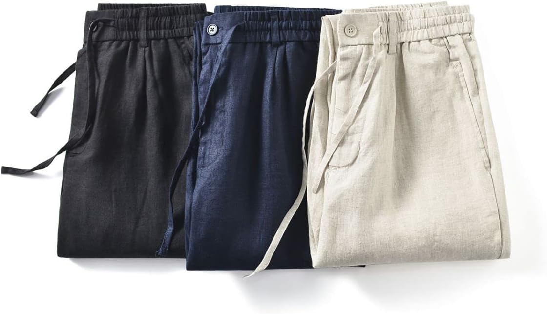 F＆LINO 100％リネン 麻 メンズロングパンツ (L, Black EE002)