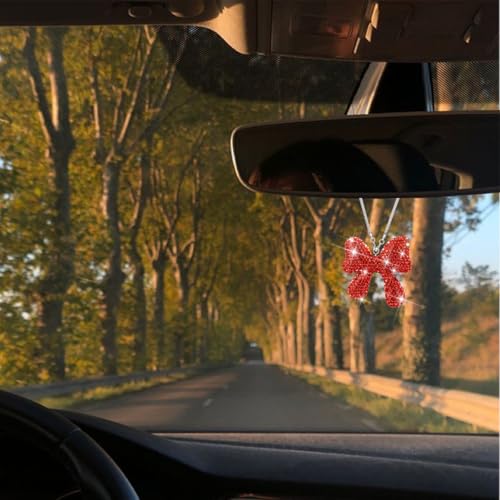Norkmdi Bling Car Rear View Mirror Hanging Ornament, Crystal Rhinestone Cute Bow Vehicle Rearview Mirror Pendant for Women Girl, Auto Interior Decor Accessories, Universal Fit (Red)