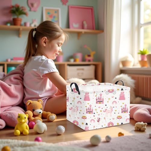Image of Rectangular Kids Storage Basket Baby Storage Basket with Handles for Home Kitchen Boys and Girls Cute Toy Storage Bin Organizer Shelf Book Room Decor(Princess Castle)