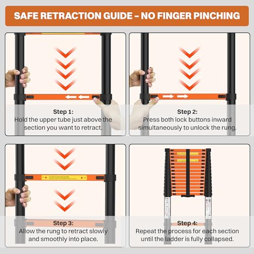 Image of BonKaso Telescopic Ladder, 4.4m / 14 Ft, 15 Steps - Heavy-Duty Foldable Alloy Steel Ladder | Anti-Slip, 150kg Load Capacity, Rustproof & EN131 Certified - Matt Black & Orange