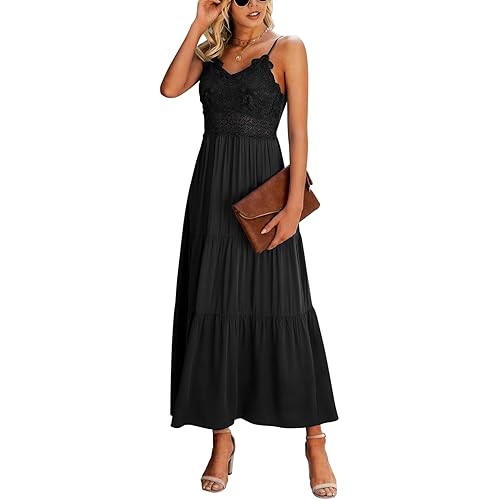 Dokuritu Women's Beach Crochet Lace Maxi Dress Solid Color Summer Vacation Spaghetti Strap Long Dress 2024