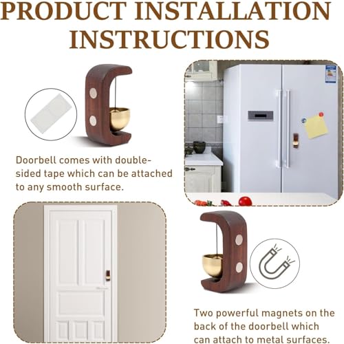 Image of Wooden Door Bell Chime for Door Opening, Brass Shopkeeper Entry Bell, Door Chime for Home, Office, Shop, Cafe, Refrigerator | No Drill Adhesive Mount, Soft Sound Wind Chime Decor (2)