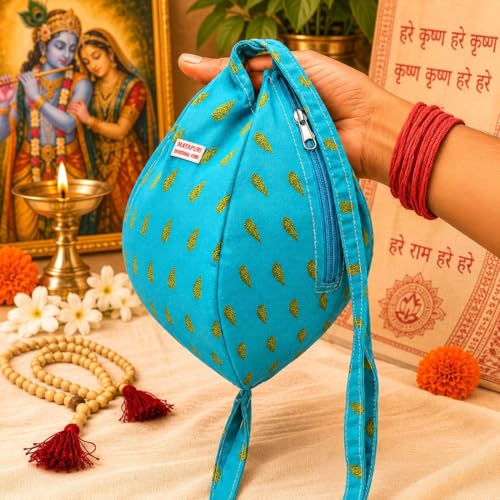 Image of Original Pure Cotton Gomukhi Japa Mala Bag /Chanting Bag or Beads Bag /Jholi /Thole with Zip Pocket and Sakshi Mala Counter (Turquoise Blue)