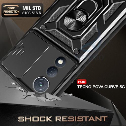 Image of AESTMO Tough Armor Tecno Pova Curve 5G Bumper Back Case Cover | Ring Holder & Sliding Camera Shield Cover | 360 Degree Protection Back Case Cover for Tecno Pova Curve 5G (Black)