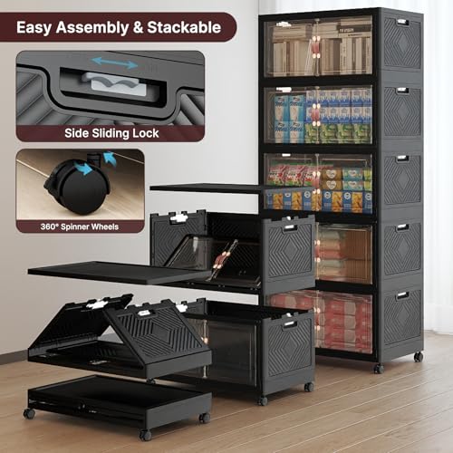 Image of UAMFURI Stackable Storage Bins with Lids, 600QT Lockable Storage Cabinet | Folding Storage Box with Doors and Wheels, Collapsible Plastic Drawers for Home, Garage, Office