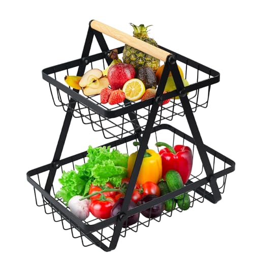 MaxEarn Cesta de frutas desmontable de 2 niveles, estantes de verduras de alta capacidad, soporte de metal para aperitivos con mango de madera, soporte portátil de almacenamiento de pan para el hogar
