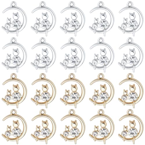 SUNNYCLUE 1 Box 36Pcs Cat on Moon Charm Silver Crescent Moon Charms Bulk Cute Kitty with Rhinestone Alloy Gold Half Moon Cat Charms for Jewelry Making Charms Necklace Bracelet Earrings Crafts Women