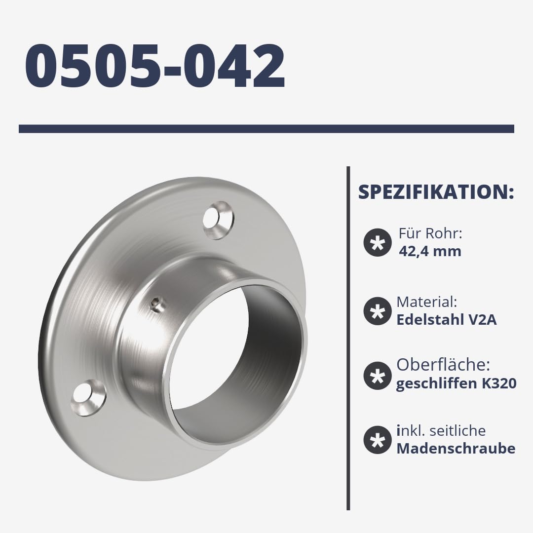 Sellon24® 4 x raccordo a parete in acciaio inox per tubo Ø 42,4, raccordo da parete a pavimento, flangia V2A, adattatore per piedini, ringhiera S24U-0505-042-B